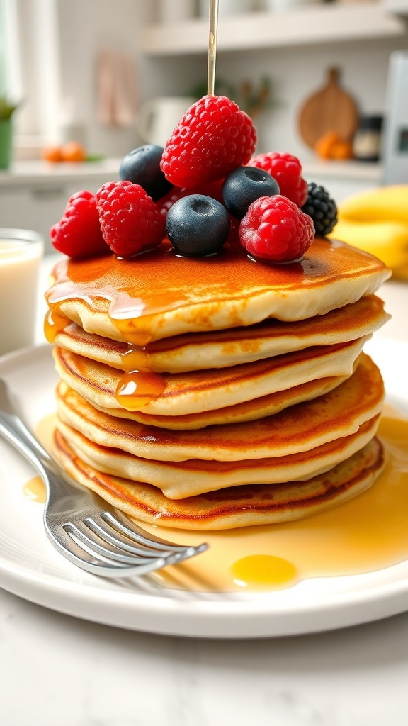 Fluffy pancakes made from banana and eggs, topped with berries and honey on a white plate.